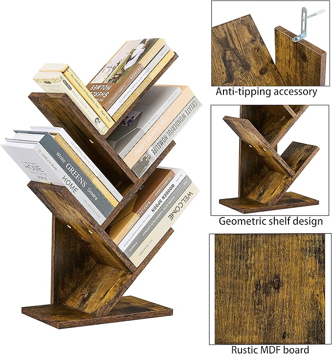 Hoctieon 4 Tier Tree Bookshelf, 4 Shelf Bookcase, Modern Book Storage, Free Standing Tree Bookcase, Utility Organizer Shelves for Home Office, Living Room, Bedroom, Rustic Brown - LeafyLoom