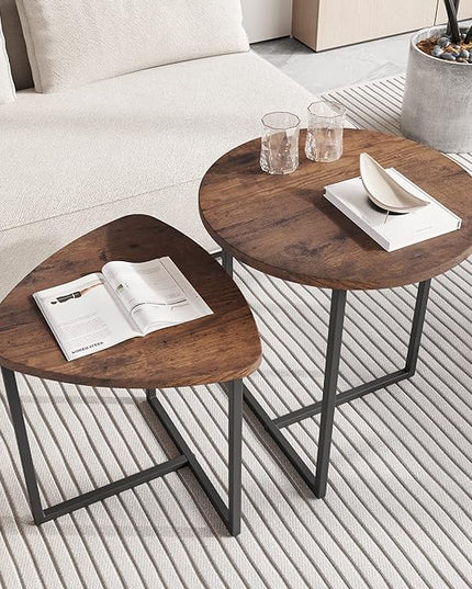Round Coffee Table Set of 2 End Tables for Living Room,Black Small Coffee Table Living Room Table,Metal Frame & Wood,Sturdy and Easy Assembly,Stacking Side Tables Bedroom,Brown - LeafyLoom
