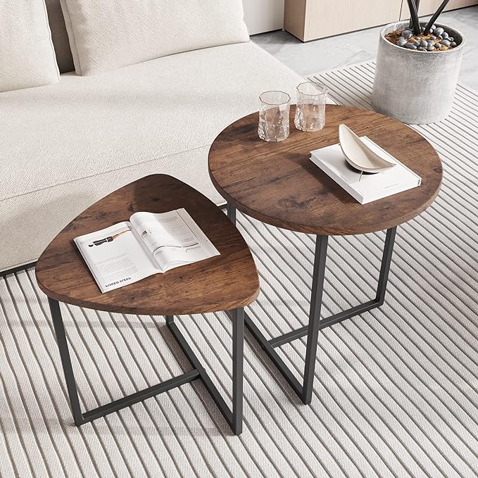 Round Coffee Table Set of 2 End Tables for Living Room,Black Small Coffee Table Living Room Table,Metal Frame & Wood,Sturdy and Easy Assembly,Stacking Side Tables Bedroom,Brown - LeafyLoom