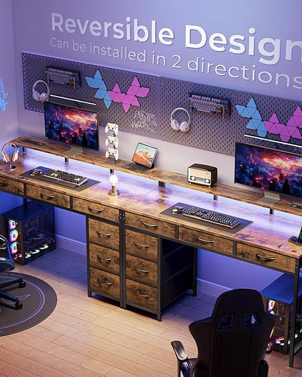 Gaming Desk with 6 Drawers, Computer Desk with LED Lights Power Outlets and Type-C, 47 Inch Office Desk with Storage, Monitor Stand, Writing Desk Work Desk for Home Office, Study, Rustic Brown - LeafyLoom