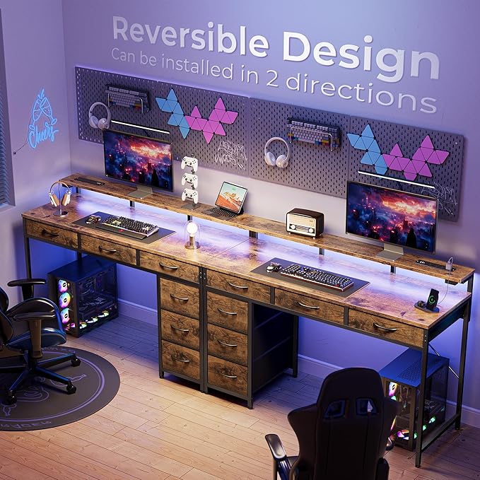 Gaming Desk with 6 Drawers, Computer Desk with LED Lights Power Outlets and Type-C, 47 Inch Office Desk with Storage, Monitor Stand, Writing Desk Work Desk for Home Office, Study, Rustic Brown - LeafyLoom
