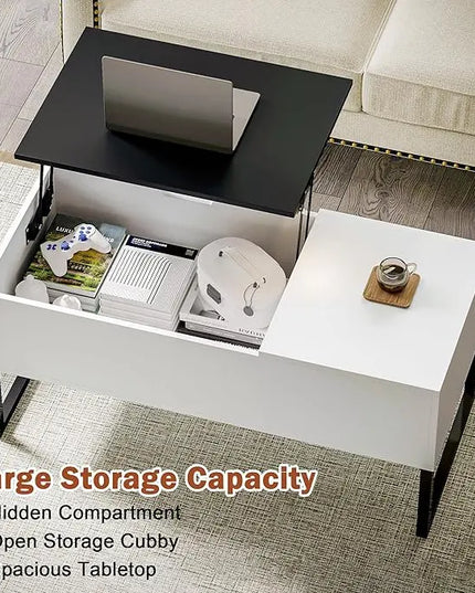 White Coffee Table with Black Lift Top - Modern Industrial Coffee Table with Lifting Top and Hide Compartment Storage - 40 Inch Rectangle Lift Coffee Tables for Living Room - LeafyLoom