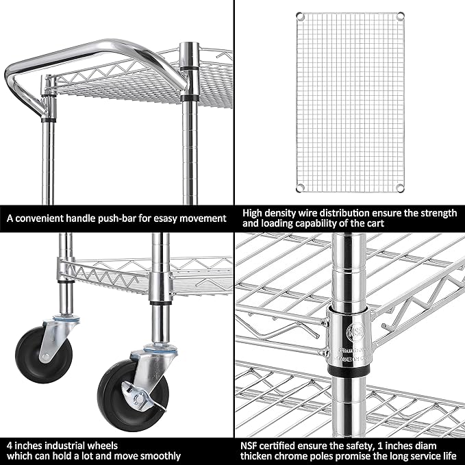 Finnhomy 3 Tier Heavy Duty Commercial Grade Utility Cart, Wire Rolling Cart with Handle Bar, Steel Service Cart with Wheels, Utility Shelf Plant Display Shelf Food Storage Trolley, NSF Listed - LeafyLoom