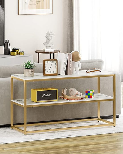 Function Home TV Stand for TVs up to 50 Inch, 3 Tier Entertainment Center, Modern TV Cabinet with Marble Top and Gold Metal Base, 42" Media Console Table with Storage for Living Room Bedroom - LeafyLoom