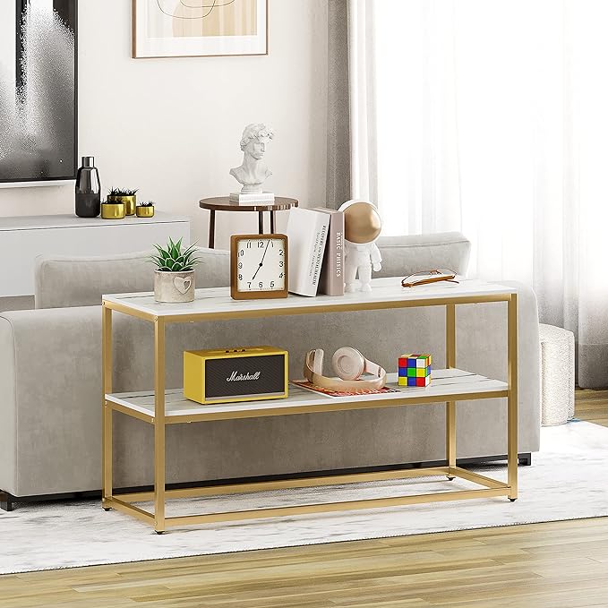 Function Home TV Stand for TVs up to 50 Inch, 3 Tier Entertainment Center, Modern TV Cabinet with Marble Top and Gold Metal Base, 42" Media Console Table with Storage for Living Room Bedroom - LeafyLoom