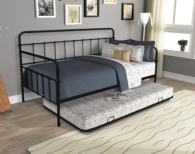 Twin Size Metal bed-Frame Daybed with trundle,Heavy Duty Steel Slat Support,Space Saving Sofa Bed,Modern 2 in 1 Sofa-Bed Frame for Kids Teens Adults,Bedroom Living Room Furniture,Black - LeafyLoom