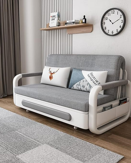 62" Modern Light Gray Cotton Linen Upholstered Convertible Pull Out Sofa Bed Storage - LeafyLoom
