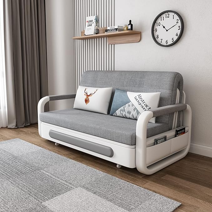 62" Modern Light Gray Cotton Linen Upholstered Convertible Pull Out Sofa Bed Storage - LeafyLoom