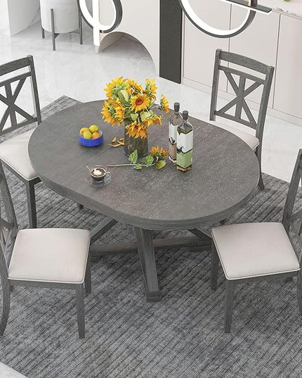 Retro Style 5 Piece Set with Extendable Round Table and 4 Upholstered Chairs, Full Assembly Required and Easy Clean, for Dining Room, Kitchen, Grey 34 - LeafyLoom