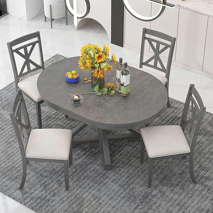 Retro Style 5 Piece Set with Extendable Round Table and 4 Upholstered Chairs, Full Assembly Required and Easy Clean, for Dining Room, Kitchen, Grey 34 - LeafyLoom