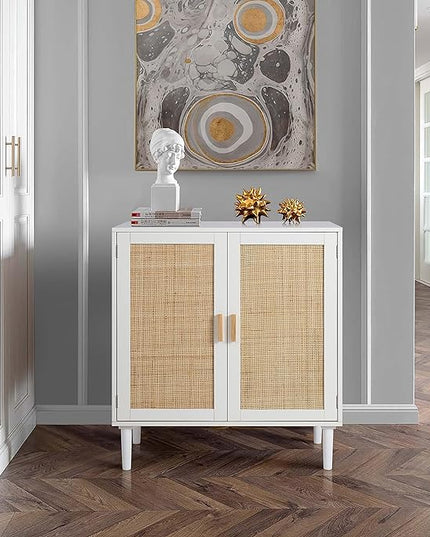Finnhomy Sideboard Buffet Storage Liquor Cabinet with Rattan Decorated Doors, Kitchen, Dining Room, Hallway, Cupboard Console Table, Accent Cabinet, 31.5X 15.8X 34.6 Inches, White - LeafyLoom
