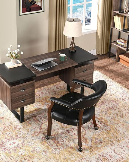 Large Dining Chairs with Casters and Arms, Rolling Dining Chairs with Wheels, Accent Game Chairs Boss Caption's Chairs, 26" D x 25.2" W x 31.5" H, Cherry Legs & Black SY-1533-BK - LeafyLoom
