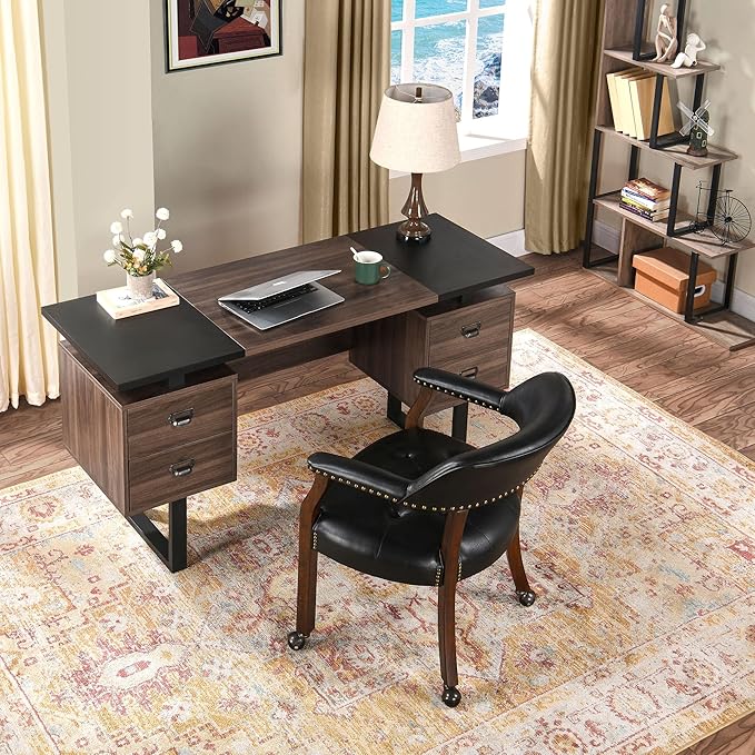 Large Dining Chairs with Casters and Arms, Rolling Dining Chairs with Wheels, Accent Game Chairs Boss Caption's Chairs, 26" D x 25.2" W x 31.5" H, Cherry Legs & Black SY-1533-BK - LeafyLoom