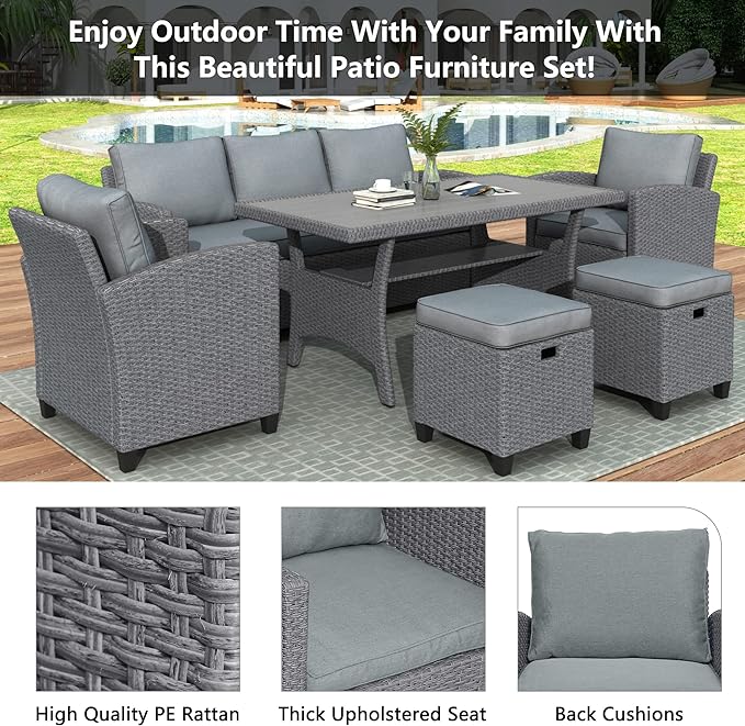6-Piece Patio Furniture Set with Dining Table, Outdoor Garden Sectional Sofa, All-Weather Wicker Conversation Couch with Chairs, Stools and Cushions, Onesize, Gray Rattan - LeafyLoom