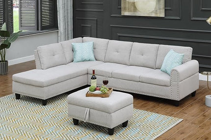 L Shape Modular Sectional Sofa with Cup Holders and Storage Ottoman,5-Seater Tufting Upholstered Corner Couch for Living Room,Apartment,Home Furniture Sets,Light Gray Left Chaise,98 Inch - LeafyLoom