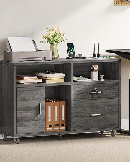 DWVO 2 Drawer File Cabinet with Charging Station, Mobile Filing Cabinet with Lock, Grey - LeafyLoom