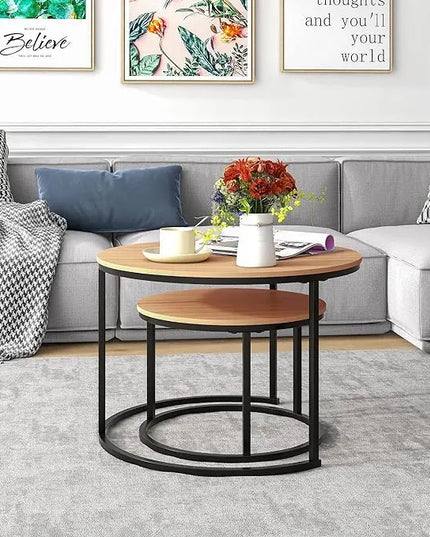 Industrial Round Coffee Table Set of 2 End Table for Living Room,Stacking Side Tables, Sturdy and Easy Assembly,Wood Look Accent Furniture with Metal Frame,Black+Teak OAKDK - LeafyLoom