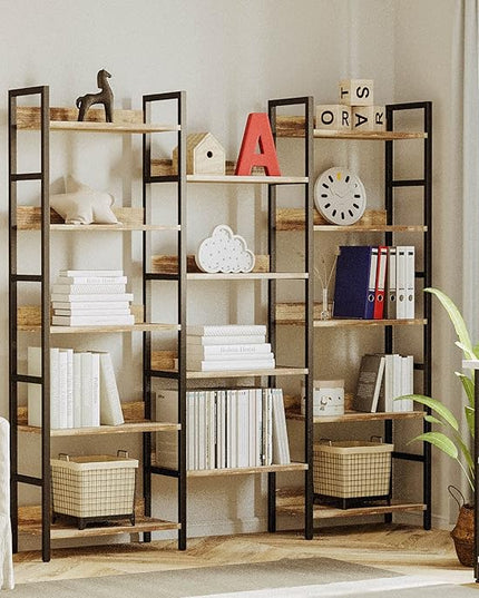 IRONCK Bookcases and Bookshelves Triple Wide 5 Tiers Industrial Bookshelf with Baffles Large Etagere Bookshelf with Metal Frame for Living Room Home Office - LeafyLoom