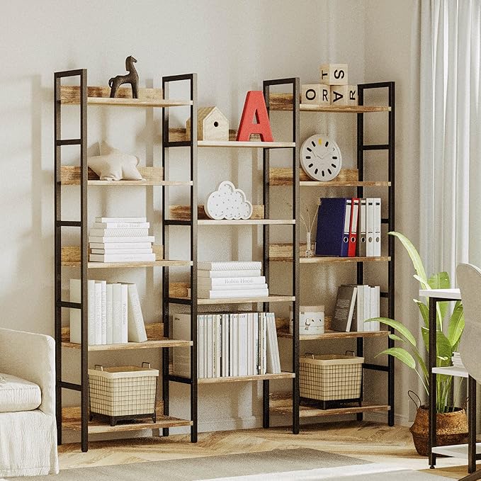 IRONCK Bookcases and Bookshelves Triple Wide 5 Tiers Industrial Bookshelf with Baffles Large Etagere Bookshelf with Metal Frame for Living Room Home Office - LeafyLoom