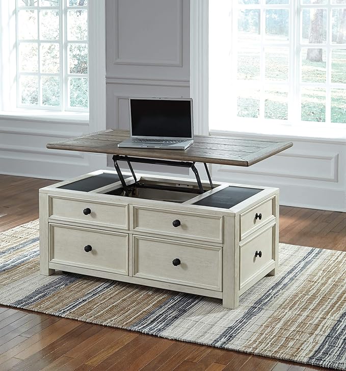 Signature Design by Ashley Bolanburg Farmhouse Lift Top Coffee Table with Drawers, Antique Cream & Brown - LeafyLoom