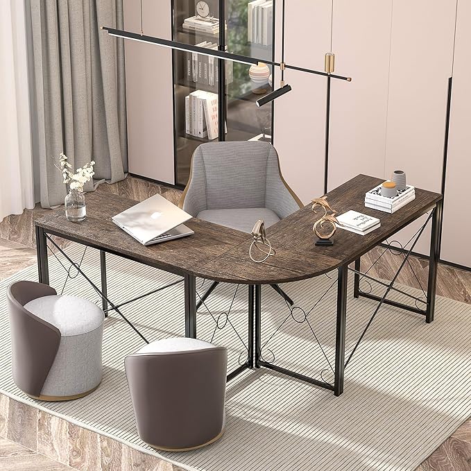 VECELO 59"x59" L Shaped Desk for Computer Gaming Multi-Usage Long 2 Person Table for Home Office Sturdy Writing Workstation, Easy Assembly/Saving Space, Oak Gray - LeafyLoom