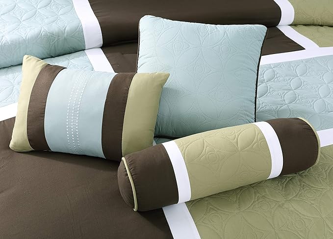 Chezmoi Collection 7-Piece Quilted Patchwork Comforter Set, Coffee Brown/Aqua Blue/Sage Green, Queen - LeafyLoom