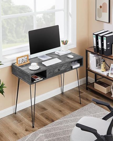VECELO 39.3" Home Office Work Table with Drawers Computer Desk Writing/Study, 39 Inch Hairpin Legs, Charcoal Grey - LeafyLoom