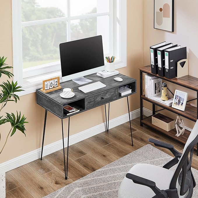 VECELO 39.3" Home Office Work Table with Drawers Computer Desk Writing/Study, 39 Inch Hairpin Legs, Charcoal Grey - LeafyLoom
