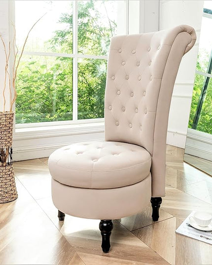 Royal High-Back Velvet Accent Chair for Vanity with Storage and Luxurious Upholstery, Retro Design and Versatile Usage for Living Room, Bedroom, Lounge and Office, Ivory - LeafyLoom