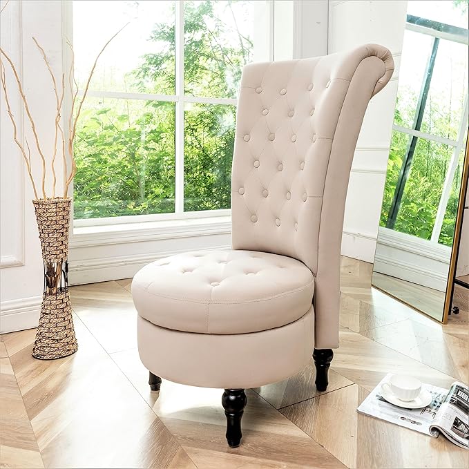 Royal High-Back Velvet Accent Chair for Vanity with Storage and Luxurious Upholstery, Retro Design and Versatile Usage for Living Room, Bedroom, Lounge and Office, Ivory - LeafyLoom