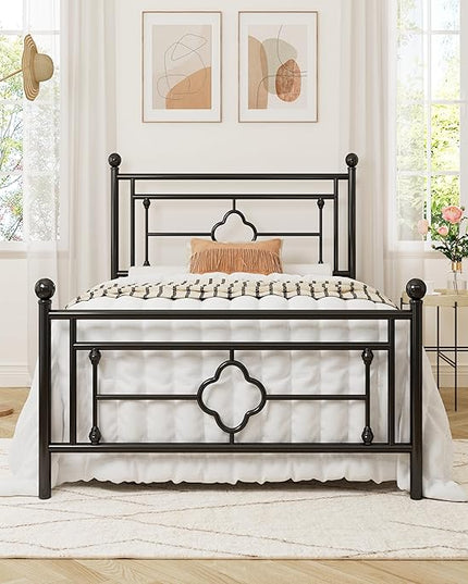 Allewie Twin Size Metal Platform Bed Frame with Victorian Vintage Headboard and Footboard/Mattress Foundation/Under Bed Storage/No Box Spring Needed/Noise-Free/Easy Assembly, Black - LeafyLoom