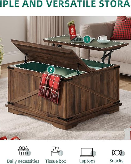 YITAHOME Farmhouse Lift Top Coffee Table, Square Wood Center Table with Large Hidden Storage Compartment for Living Room, Rustic Cocktail Table with Lift Top for Home Office,Reclaimed Barnwood - LeafyLoom