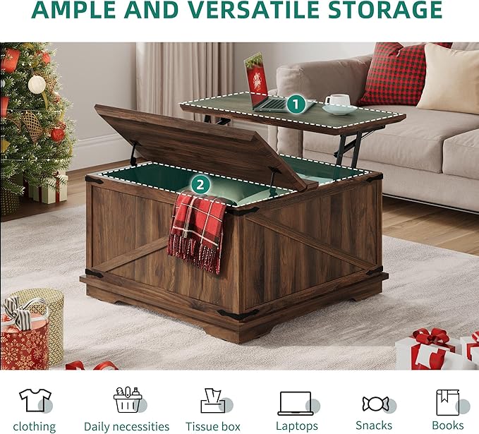 YITAHOME Farmhouse Lift Top Coffee Table, Square Wood Center Table with Large Hidden Storage Compartment for Living Room, Rustic Cocktail Table with Lift Top for Home Office,Reclaimed Barnwood - LeafyLoom