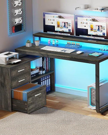 YITAHOME L Shaped Desk with Drawers, 55" Corner Computer Desk with Power Outlets, L-Shaped Desk with LED Lights & File Cabinet for Home Office, Grey - LeafyLoom