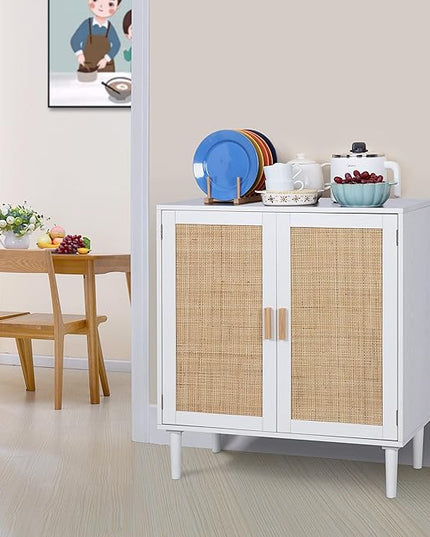 Finnhomy Sideboard Buffet Storage Liquor Cabinet with Rattan Decorated Doors, Kitchen, Dining Room, Hallway, Cupboard Console Table, Accent Cabinet, 31.5X 15.8X 34.6 Inches, White - LeafyLoom