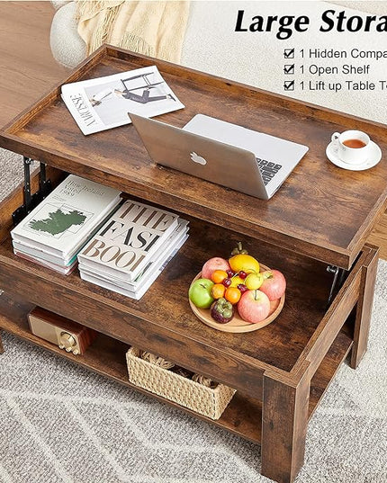 VECELO Lift Top Coffee Table with Storage Shelf and Hidden Compartment for Living Room/Office Reception, Black, Brown - LeafyLoom