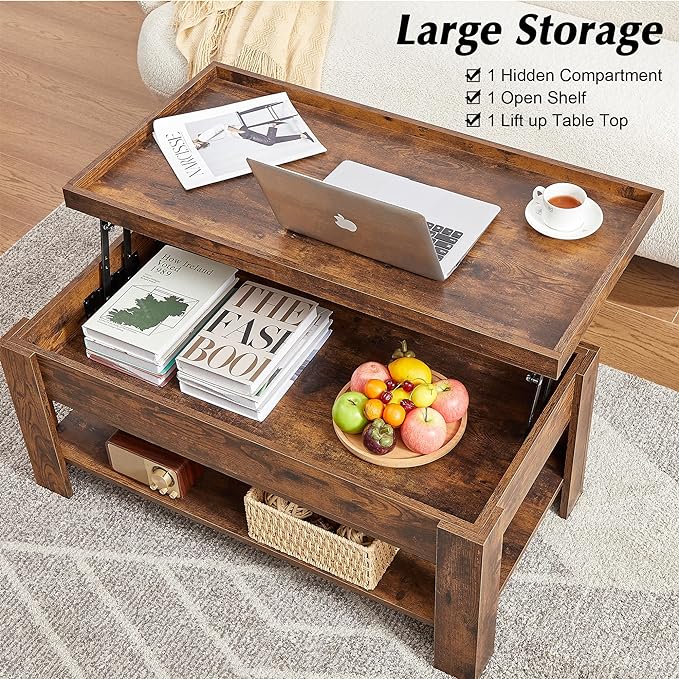 VECELO Lift Top Coffee Table with Storage Shelf and Hidden Compartment for Living Room/Office Reception, Black, Brown - LeafyLoom