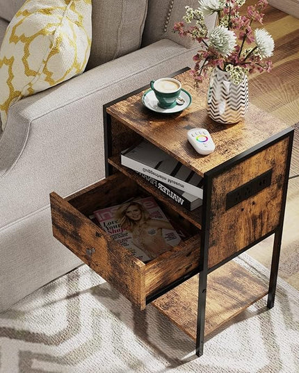 LDTTCUK Nightstand with Charging Station, Modern End Table with Drawer, Bedside Table with Open Storage for Bedroom,Rustic Brown - LeafyLoom