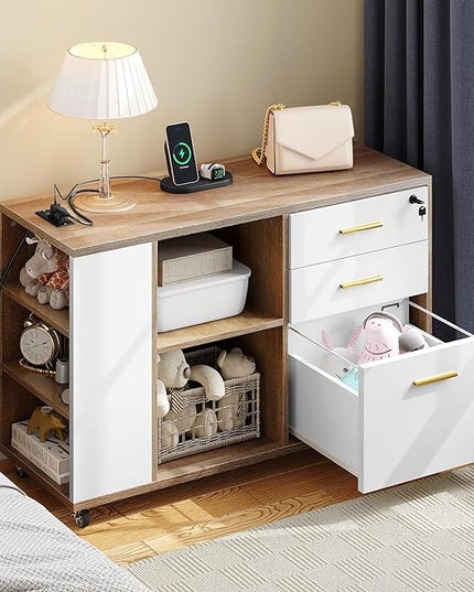 YITAHOME File Cabinet with Charging Station, Mobile Lateral Filing Cabinet with Lock for Home Office, Printer Stand with Open Storage Shelf, Fits A4, Letter, Legal Size Files, Grey Wash & White - LeafyLoom
