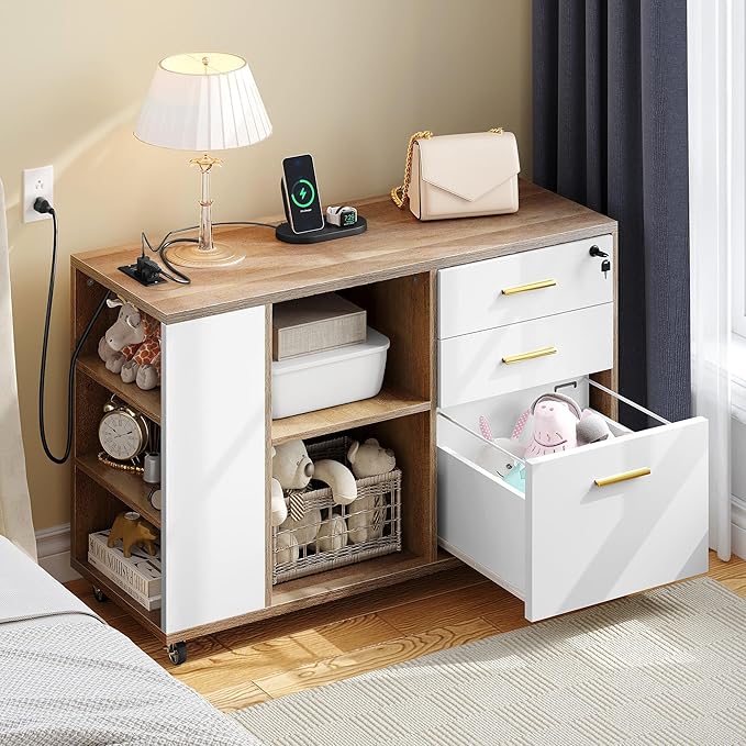YITAHOME File Cabinet with Charging Station, Mobile Lateral Filing Cabinet with Lock for Home Office, Printer Stand with Open Storage Shelf, Fits A4, Letter, Legal Size Files, Grey Wash & White - LeafyLoom