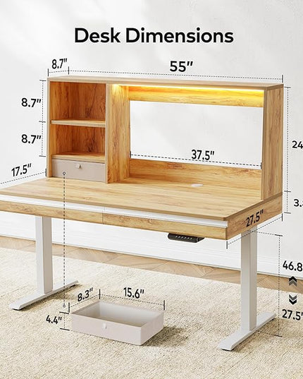 FEZIBO 55 x 27.5 Inches Electric Standing Desk with Open Shelf&LED Strip, Adjustable Height Sit Stand Up Desks with 3 Drawers, Ergonomic Workstation, Light Rustic（2 packages - LeafyLoom