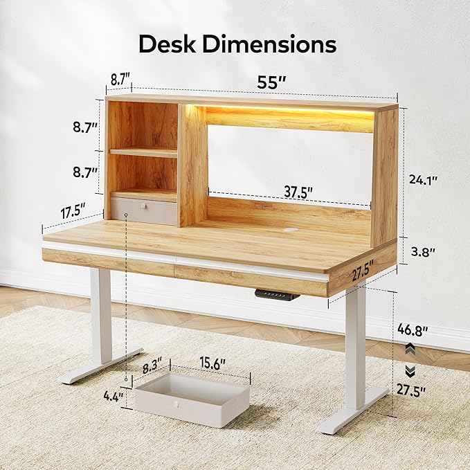 FEZIBO 55 x 27.5 Inches Electric Standing Desk with Open Shelf&LED Strip, Adjustable Height Sit Stand Up Desks with 3 Drawers, Ergonomic Workstation, Light Rustic（2 packages - LeafyLoom