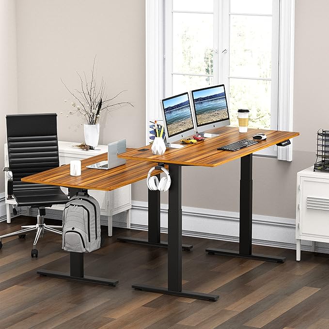 SHW 55-Inch Large Electric Height Adjustable Standing Desk, 55 x 28 Inches, Walnut - LeafyLoom