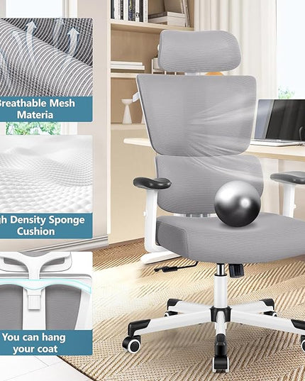 Primy Office Chair Ergonomic Desk Chair, High Back Computer Gaming Chair, Comfy Big and Tall Home Office Chair with Lumbar Support, Breathable Mesh Reclining Chair Adjustable Armrests Headrest(Gray) - LeafyLoom