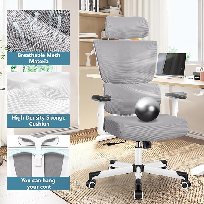 Primy Office Chair Ergonomic Desk Chair, High Back Computer Gaming Chair, Comfy Big and Tall Home Office Chair with Lumbar Support, Breathable Mesh Reclining Chair Adjustable Armrests Headrest(Gray) - LeafyLoom