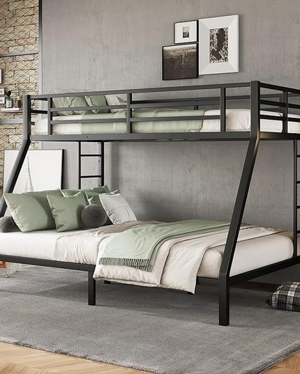 Metal Twin XL Over Queen Bunk Bed, Heavy Duty Twin XL Bunk Bed with 2 Safety Side Ladder and Full Length High Guardrail for Teens and Adults, Noise-Reduced - LeafyLoom