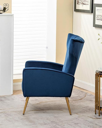 Armchair Modern Velvet Accent Chair, Channel Tufted Bedroom, Office or Living Room Furniture with Elegant Metal Legs, Blue - LeafyLoom