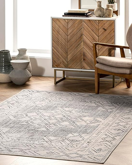 nuLOOM Mia Machine Washable Geometric Medallion Area Rug, 4' x 6', Light Grey, Rectangular, 0.1" Thick - LeafyLoom