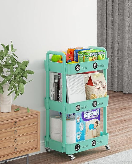 3-Tier Storage Cart,Multifunction Utility Rolling Cart Kitchen Storage Organizer,Mobile Shelving Unit Cart with Lockable Wheels for Bathroom,Laundry,with Classified Stickers,Green - LeafyLoom