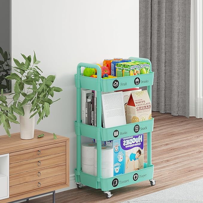 3-Tier Storage Cart,Multifunction Utility Rolling Cart Kitchen Storage Organizer,Mobile Shelving Unit Cart with Lockable Wheels for Bathroom,Laundry,with Classified Stickers,Green - LeafyLoom